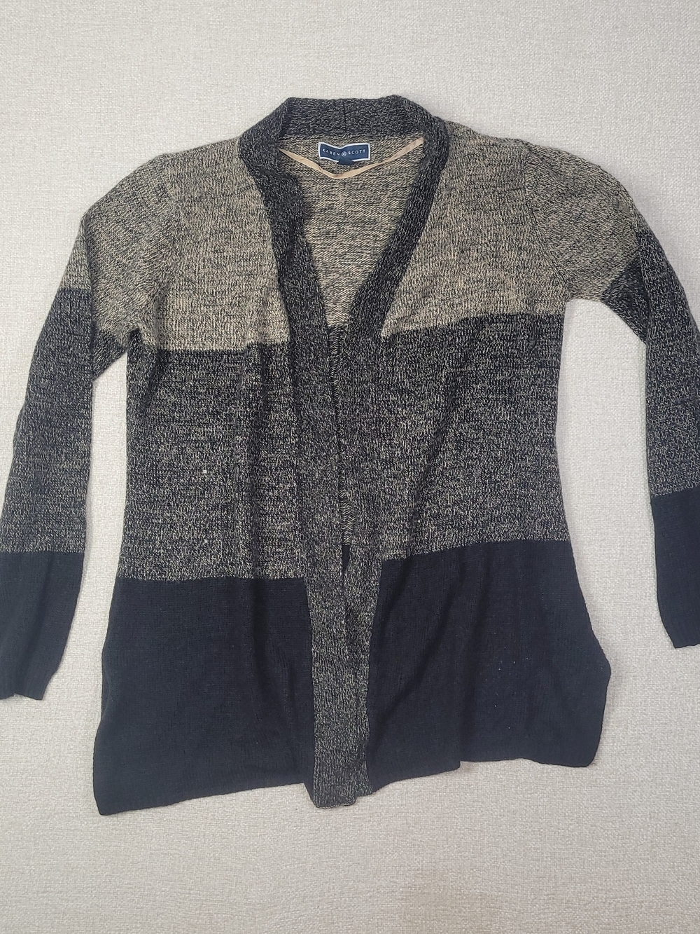 Karen Scott Black and Gray Open-Front Colorblock Cardigan